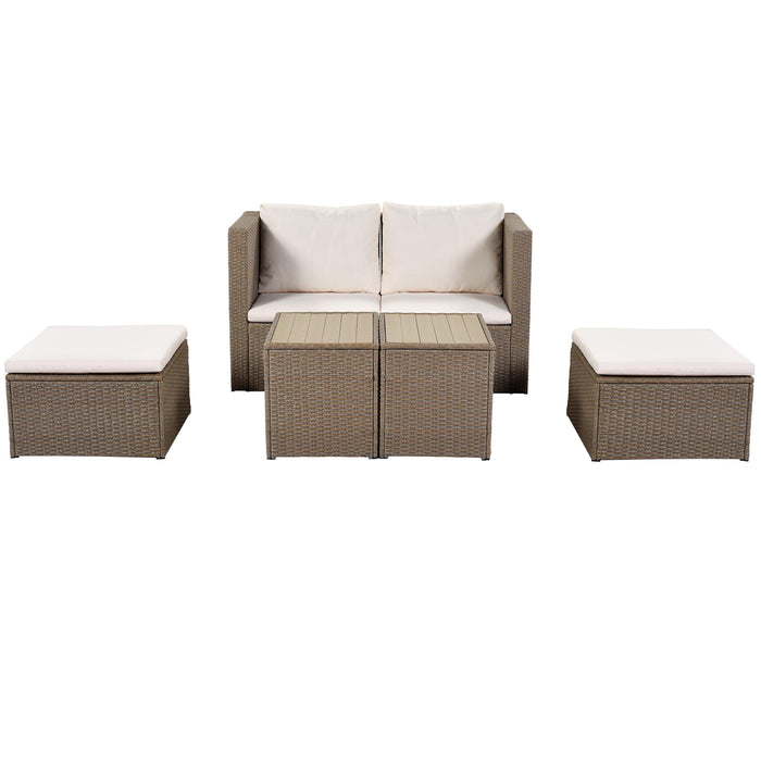 6 PCS Outdoor Garden PE Wicker Rattan Sectional Sofa Set with 2 Tea Tables and Beige Cushion