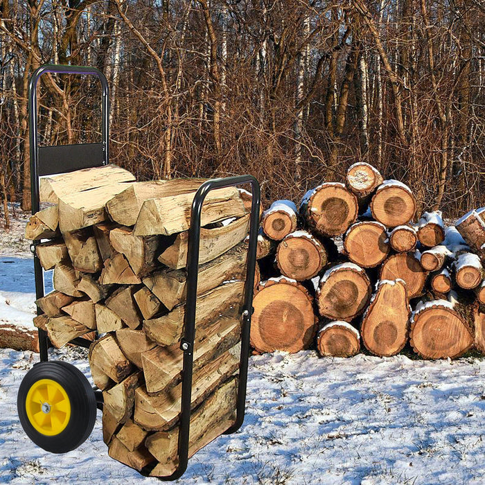 Heavy Duty Black Steel Firewood RackStorage Mover with Rolling Wheels