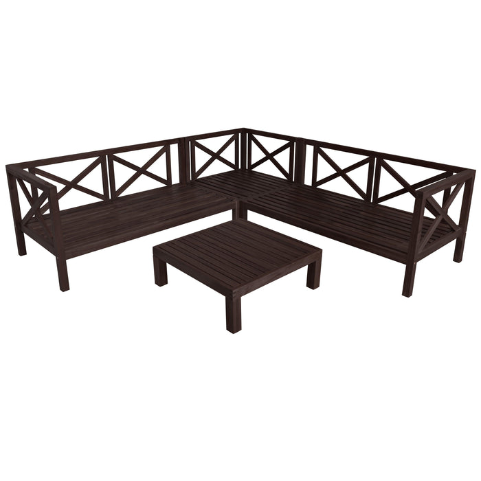 4 PCS Outdoor Patio Backyard Wood Seating Group with X-Back Sectional, Tea Table, and Gray Cushions