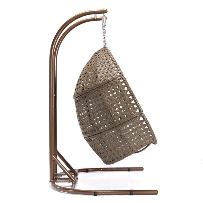 Brown Rattan Wicker Hanging Double-Seat Swing Chair with Stand and Beige Cushion