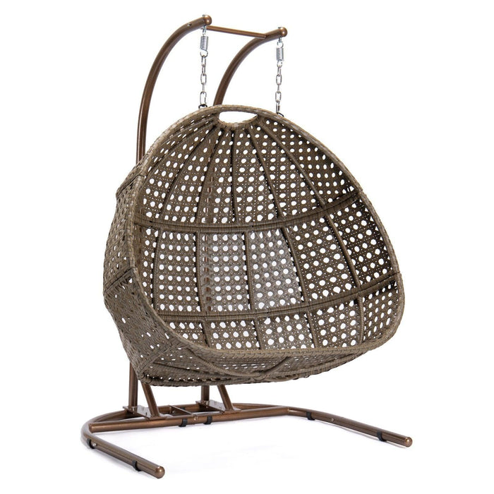 Brown Rattan Wicker Hanging Double-Seat Swing Chair with Stand and Beige Cushion
