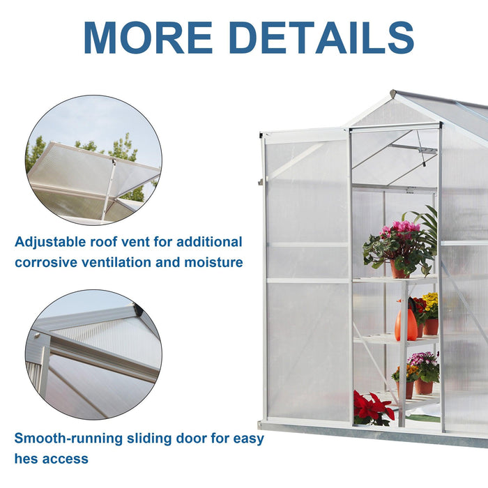 6ft x 8ft Walk-in Greenhouse with Heavy Duty Aluminum Frame and 4mm UV Polycarbonate Panels