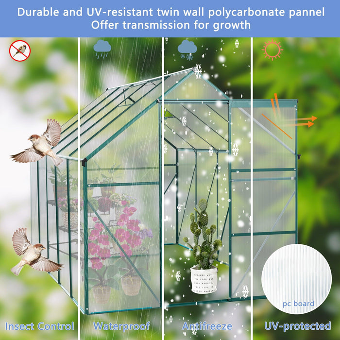 6ft x 10ft Walk-in Greenhouse with Heavy Duty Aluminum Frame and 4mm UV Polycarbonate Panels