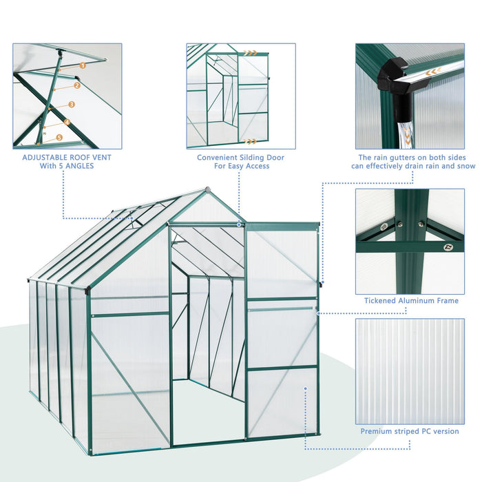 6ft x 10ft Walk-in Greenhouse with Heavy Duty Aluminum Frame and 4mm UV Polycarbonate Panels