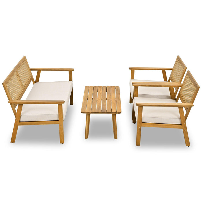 4 PCS Outdoor Living Space Acacia Wood Furniture Set with Mesh Design and Beige Cushions