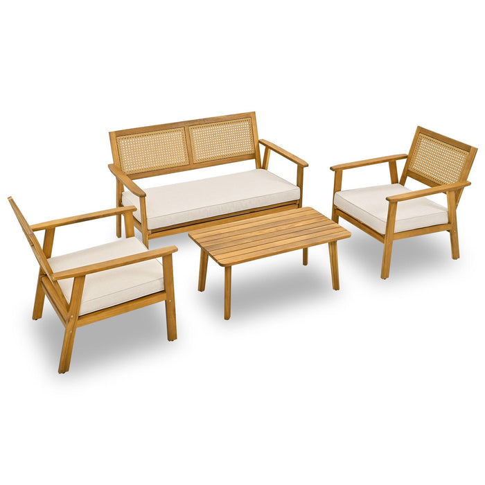 4 PCS Outdoor Living Space Acacia Wood Furniture Set with Mesh Design and Beige Cushions
