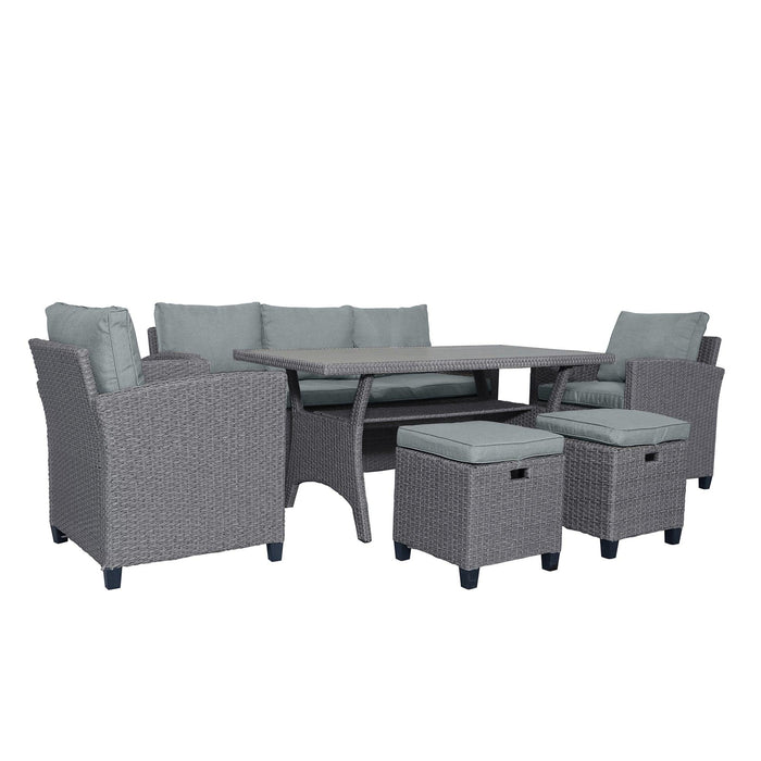 6 PCS Outdoor Patio Gray Rattan Wicker Dining Set with Gray Cushions