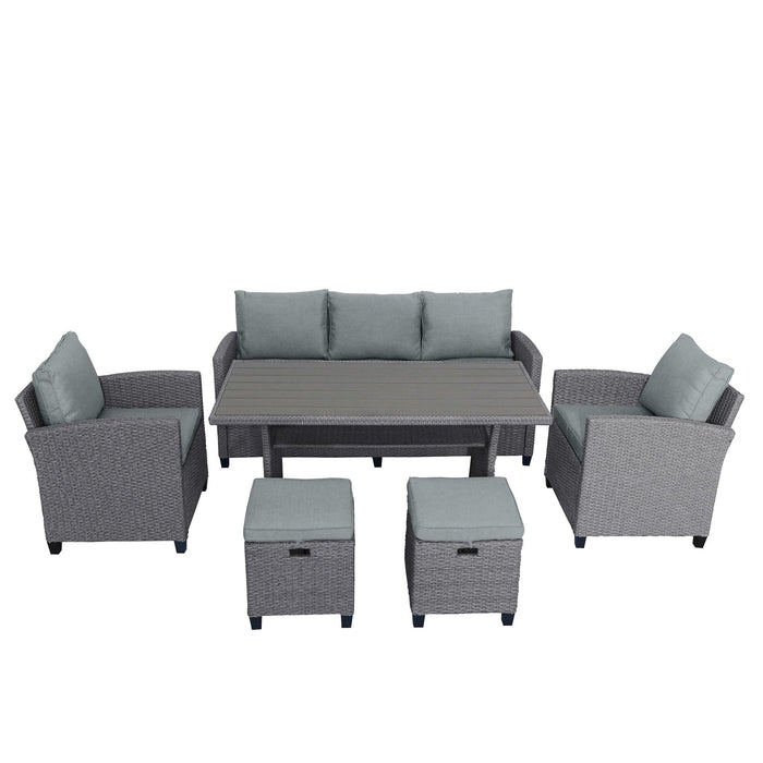 6 PCS Outdoor Patio Gray Rattan Wicker Dining Set with Gray Cushions