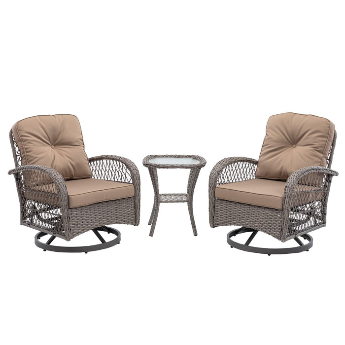 3 PCS Outdoor PatioModern Wicker Set with Table, Swivel Base Chairs and Brown Cushions