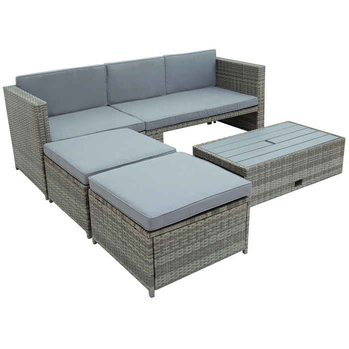 4 PCS Outdoor Backyard Patio All-weather PE Rattan Wicker Sectional Furniture Set with Retractable Table - Gray