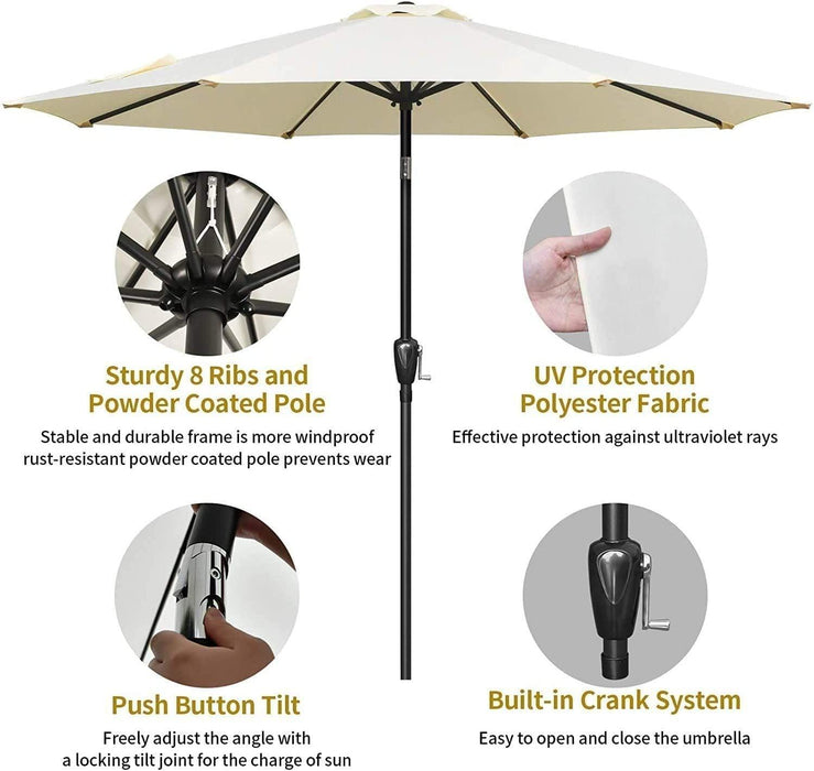Deluxe 9ft Outdoor Umbrella with Button Tilt, Crank and 8 Sturdy Ribs - Beige
