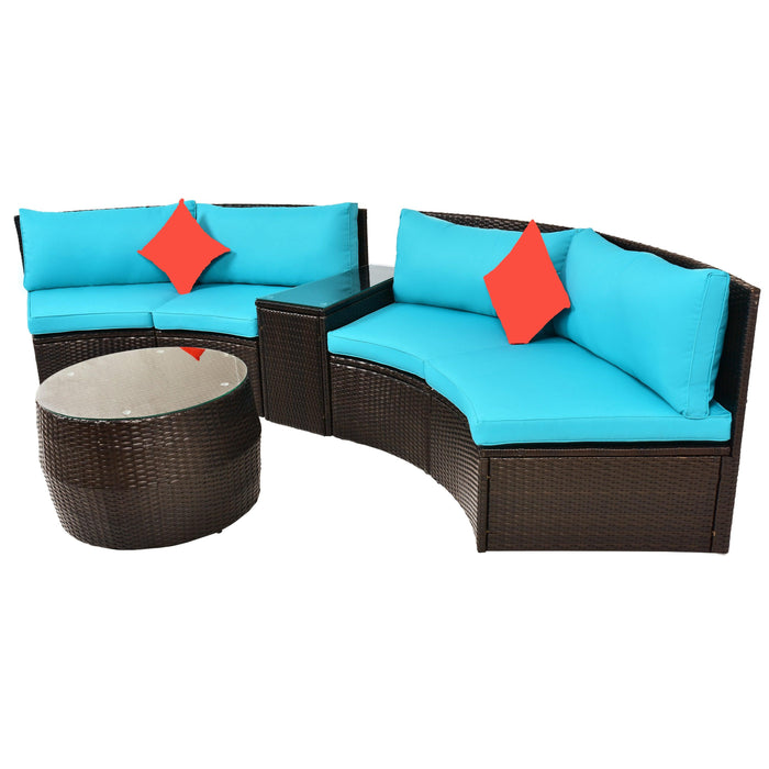 4 PCS Outdoor Patio Half-Moon Sectional Furniture Wicker Sofa Set with Two Pillows, Coffee Table, and Blue Cushions