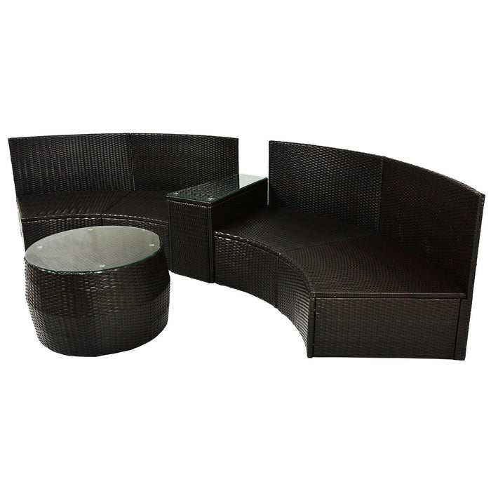 4 PCS Outdoor Patio Half-Moon Sectional Furniture Wicker Sofa Set with Two Pillows, Coffee Table, and Blue Cushions