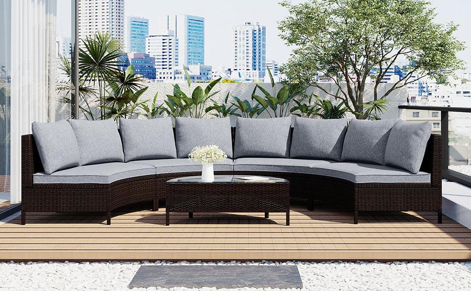 5 PCS Outdoor Patio All-Weather Brown PE Rattan Wicker Half-Moon Sectional Sofa Set with Tempered Glass Table and Gray Cushions