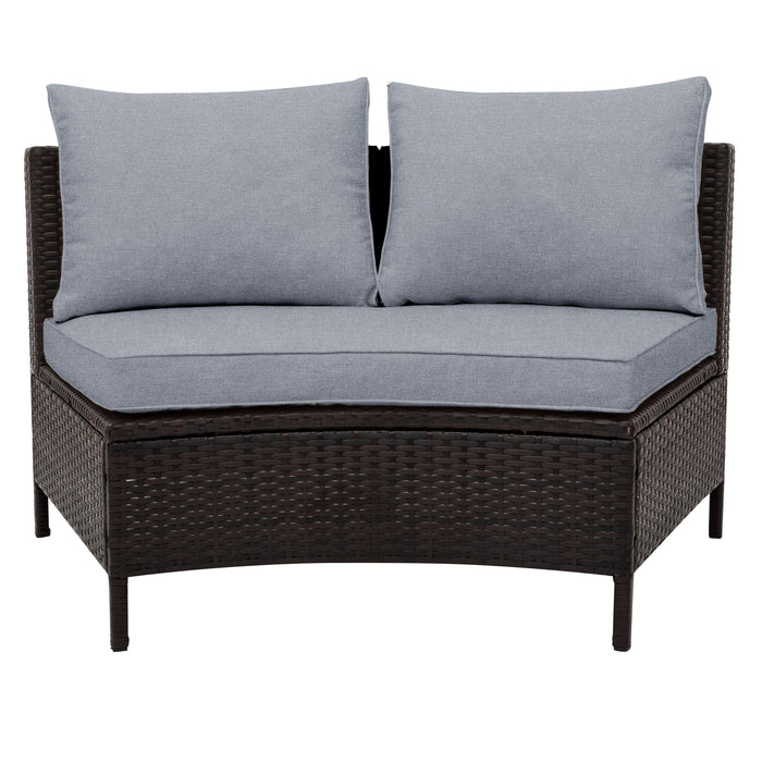 5 PCS Outdoor Patio All-Weather Brown PE Rattan Wicker Half-Moon Sectional Sofa Set with Tempered Glass Table and Gray Cushions