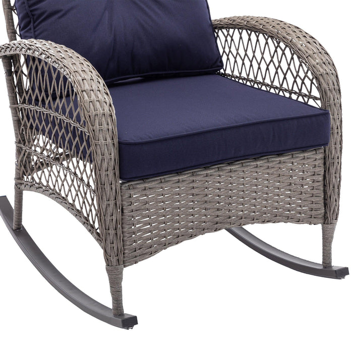 3 PCS Outdoor FurnitureModern Wicker Rattan Rocking Chair Set with Navy Blue Cushion