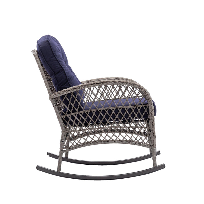 3 PCS Outdoor FurnitureModern Wicker Rattan Rocking Chair Set with Navy Blue Cushion