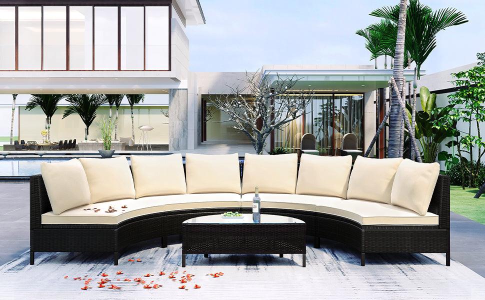 5 PCS Outdoor Patio All-Weather Brown PE Rattan Wicker Half-Moon Sectional Sofa Set with Tempered Glass Table and Beige Cushions