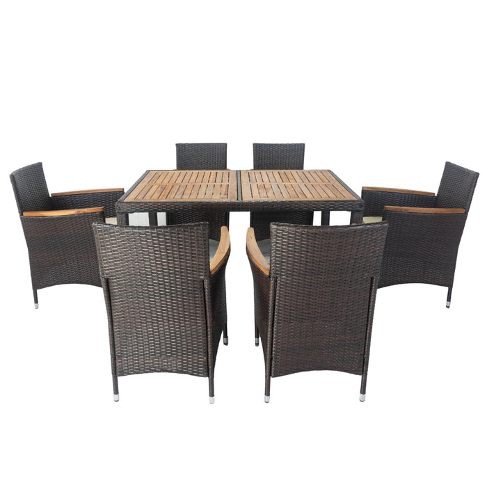 7 PCS Outdoor Patio Wicker Rattan Dining Furniture Set with Acacia Wood Top and Brown Wicker