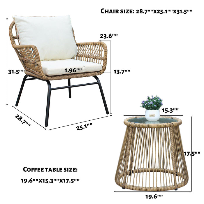 3 PCS Outdoor Patio Balcony Natural Color Wicker Chair Set with Beige Cushion and Round Tempered Glass Table(New)