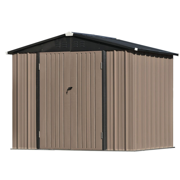 8ft x 6ft Outdoor Garden Lean-to Shed with Metal Adjustable Shelf and Lockable Doors - Brown