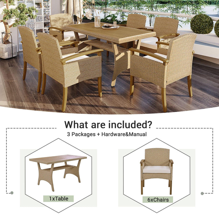 Outdoor Patio 7 PCS Dining Table Set All Weather PE Rattan Dining Set with Wood Tabletop and Cushions for 6, White