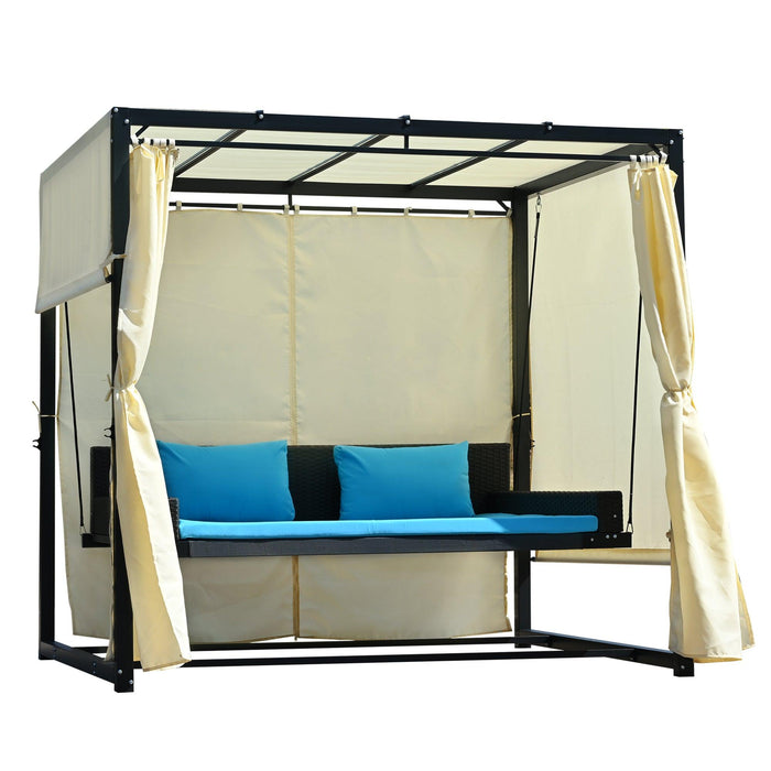 Outdoor Swing Bed with Beige Curtain and Blue Cushion