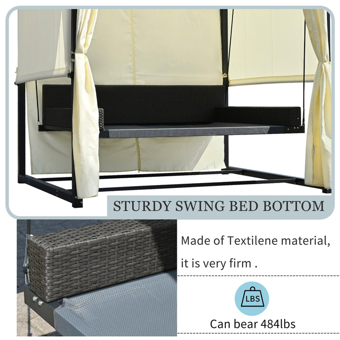 Outdoor Swing Bed with Beige Curtain and Blue Cushion