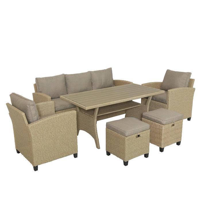6 PCS Outdoor Patio Beige Rattan Wicker Dining Set with Beige Cushions