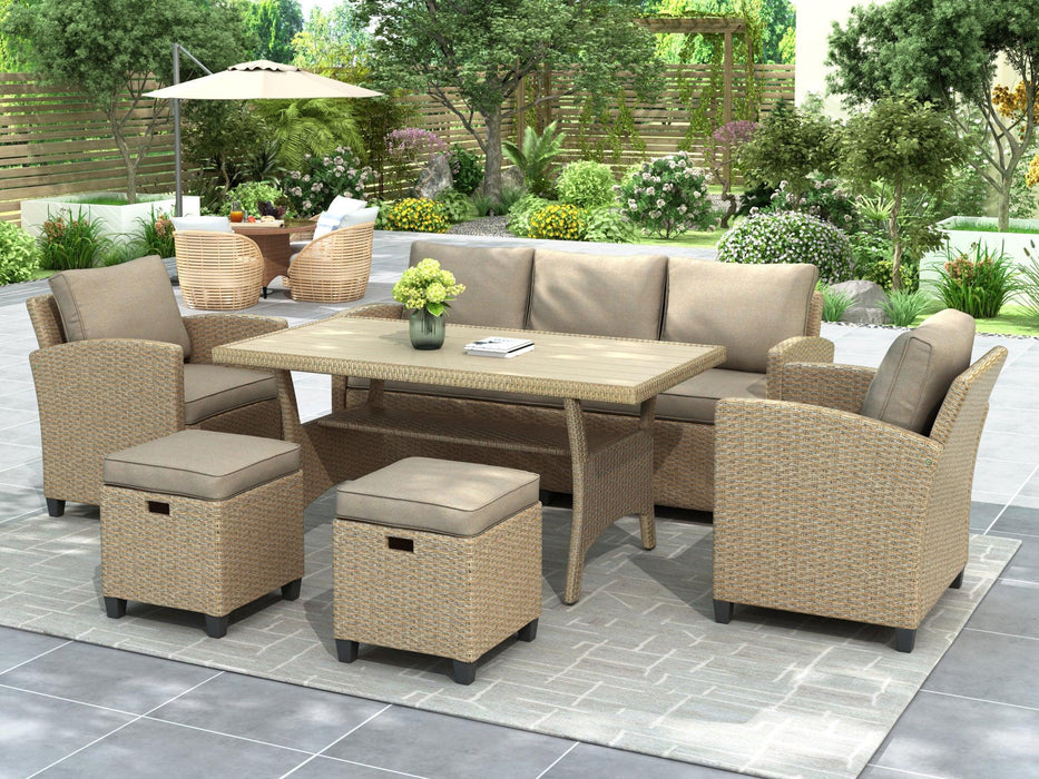 6 PCS Outdoor Patio Beige Rattan Wicker Dining Set with Beige Cushions