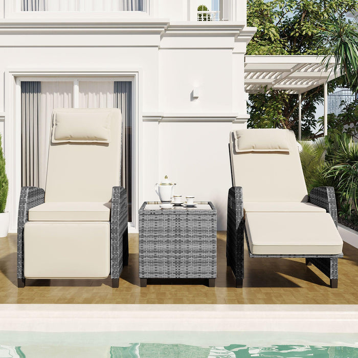 2 PCS Outdoor Adjustable Armchairs with Beige Cushions and Glass Table Top