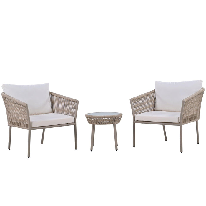 2PCS Luxury Rattan Outdoor Seating Set Including 2 Armchairs and Coffee Table with Beige Cushions and Brown Rattan