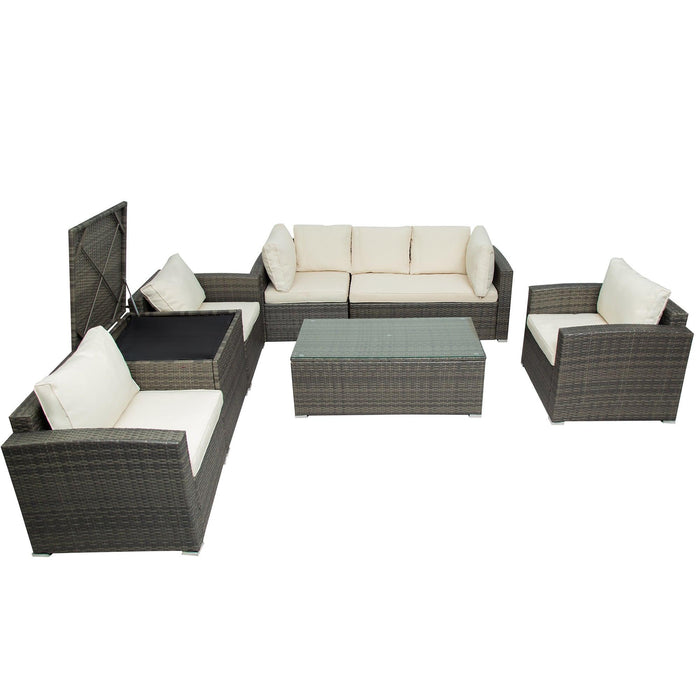 7 PCS Outdoor Patio Arrangeable Wicker Rattan Furniture Sets with Table,Storage Box, and Beige Cushion