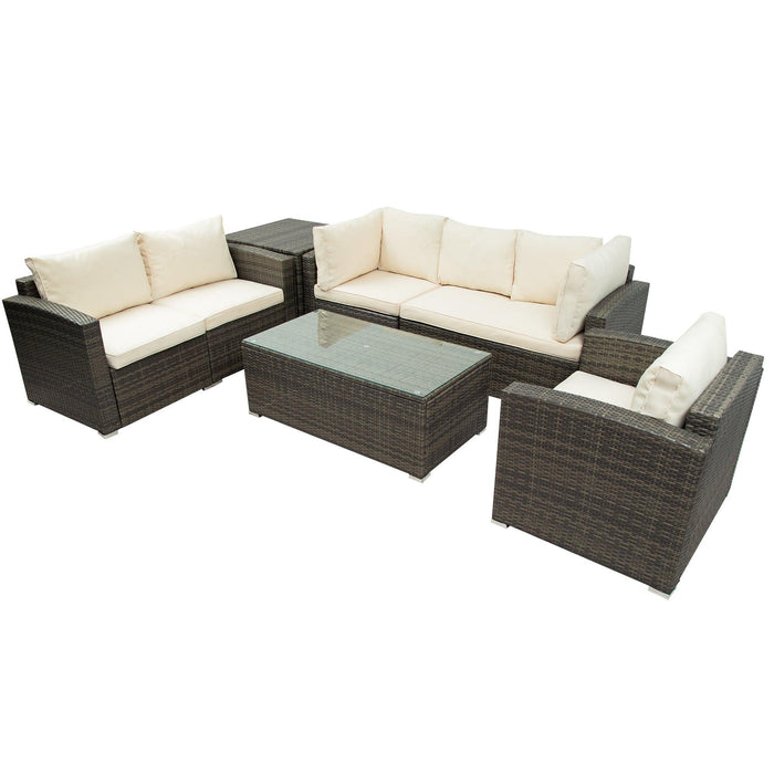 7 PCS Outdoor Patio Arrangeable Wicker Rattan Furniture Sets with Table,Storage Box, and Beige Cushion