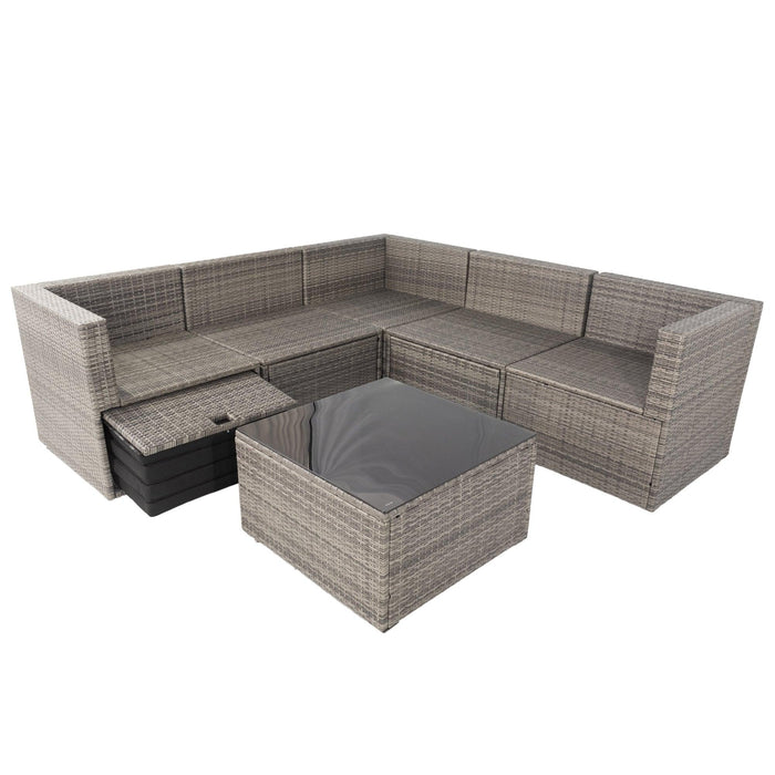 6 PCS PE Rattan sectional Outdoor Furniture Cushioned  Sofa Set with 3Storage Under Seat Grey