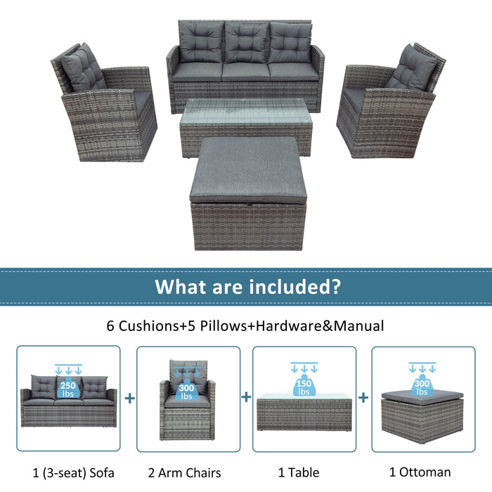 5 PCS Outdoor UV-Resistant Patio Sofa Set withStorage Bench All Weather PE Wicker Furniture Coversation Set with Glass Table - Gray