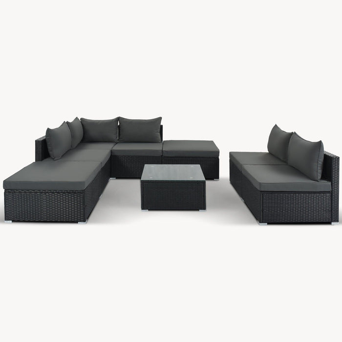 8 PCS Outdoor Patio Garden L-shaped Conversation Sectional Set with Gray Cushions and Black Rattan Wicker