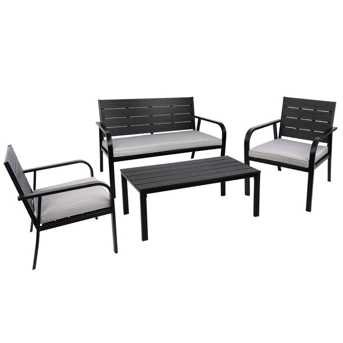 4 PCS Outdoor Patio Conversation Wood Grain Design PE Steel Frame Seating Set - White