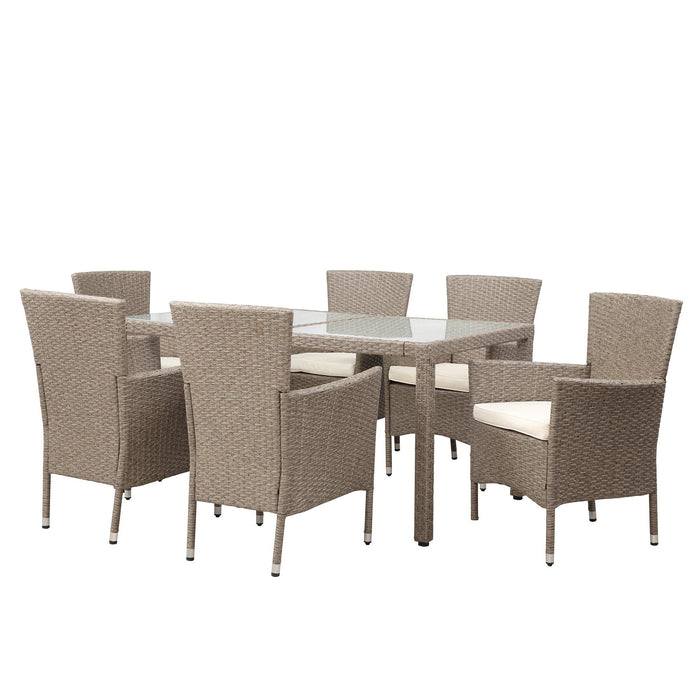 7 PCS Patio Outdoor Wicker Rattan Dining Set with Glass Dinning Table and Beige Cushion