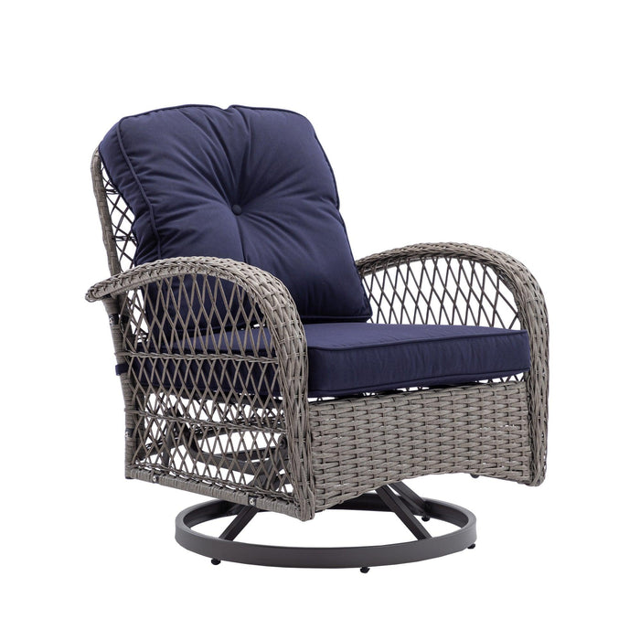 3 PCS Outdoor PatioModern Wicker Set with Table, Swivel Base Chairs and Navy Blue Cushions