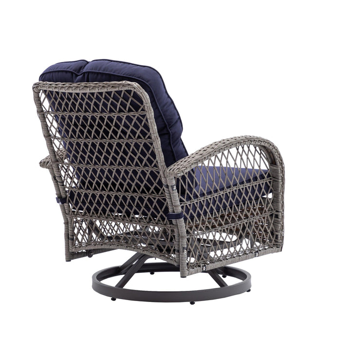 3 PCS Outdoor PatioModern Wicker Set with Table, Swivel Base Chairs and Navy Blue Cushions