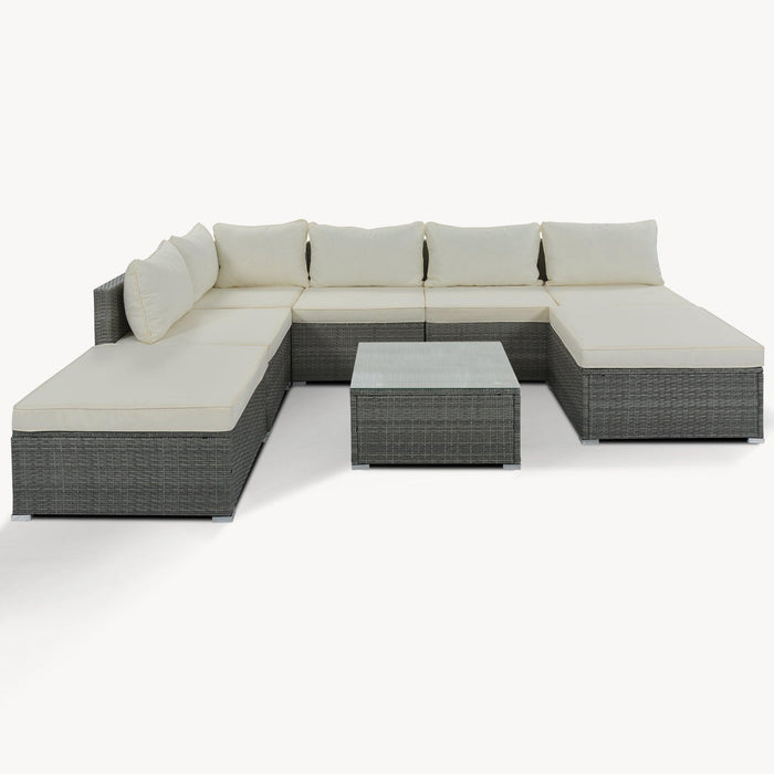 8 PCS Outdoor Patio Garden L-shaped Conversation Sectional Set with Beige Cushions and Gray Rattan Wicker