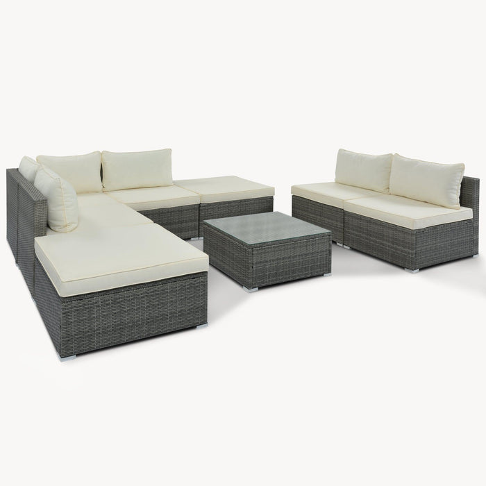 8 PCS Outdoor Patio Garden L-shaped Conversation Sectional Set with Beige Cushions and Gray Rattan Wicker