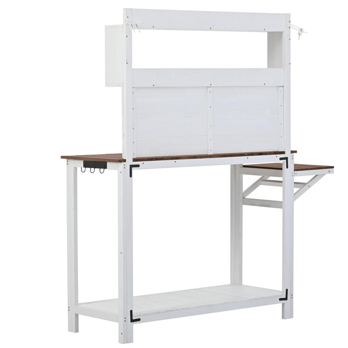 65inch Garden Wood Workstation Backyard Potting Bench Table with Shelves, Side Hook and Foldable Side Table - White
