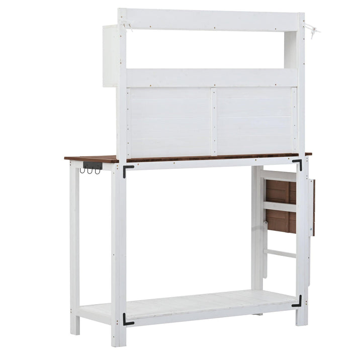 65inch Garden Wood Workstation Backyard Potting Bench Table with Shelves, Side Hook and Foldable Side Table - White
