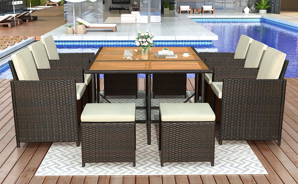 11 PCS Outdoor Patio All-Weather PE Wicker Dining Table Set with Wood Tabletop - Brown Rattan and Beige Cushion