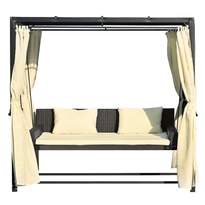 Outdoor Swing Bed with Beige Curtain and Beige Cushion