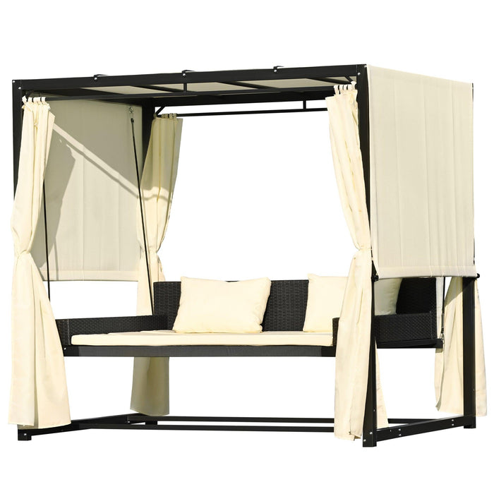 Outdoor Swing Bed with Beige Curtain and Beige Cushion