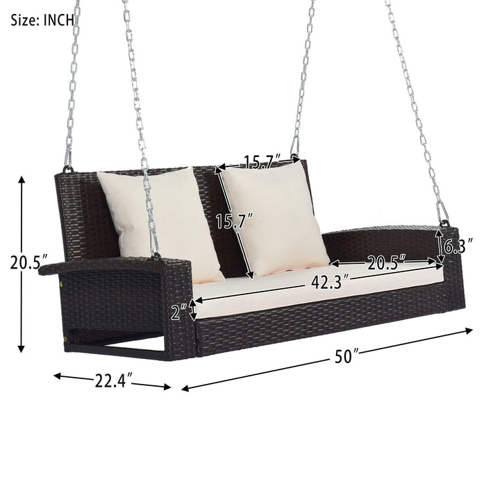 2-Person Brown Wicker Hanging Porch Swing with Chains, White Cushions and Pillows