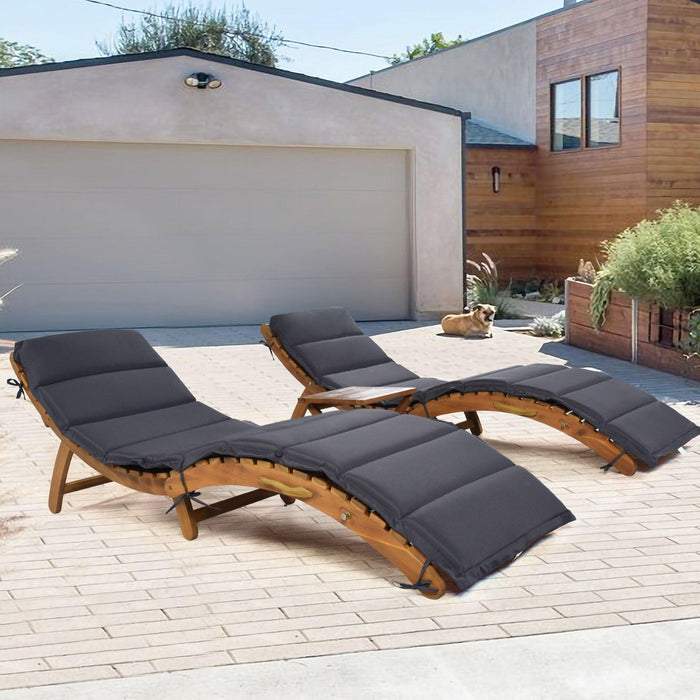 Outdoor Patio Wood Portable Extended Chaise Lounge Set with Foldable Tea Table and Dark Gray Cushions